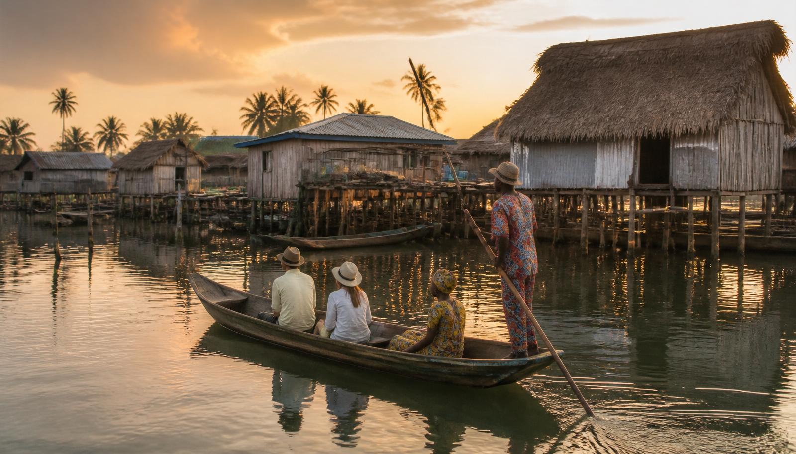 Visiteurs découvrant un site touristique et culturel au Bénin avec un guide local
