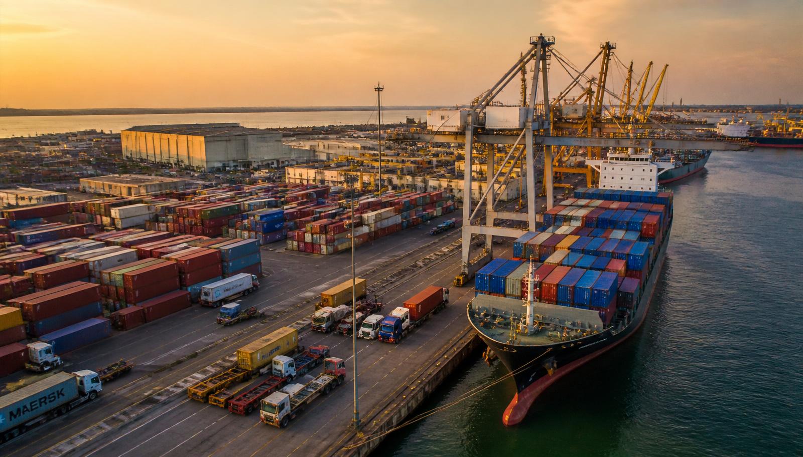 Port de Cotonou ou terminal logistique avec conteneurs, grues et activité portuaire