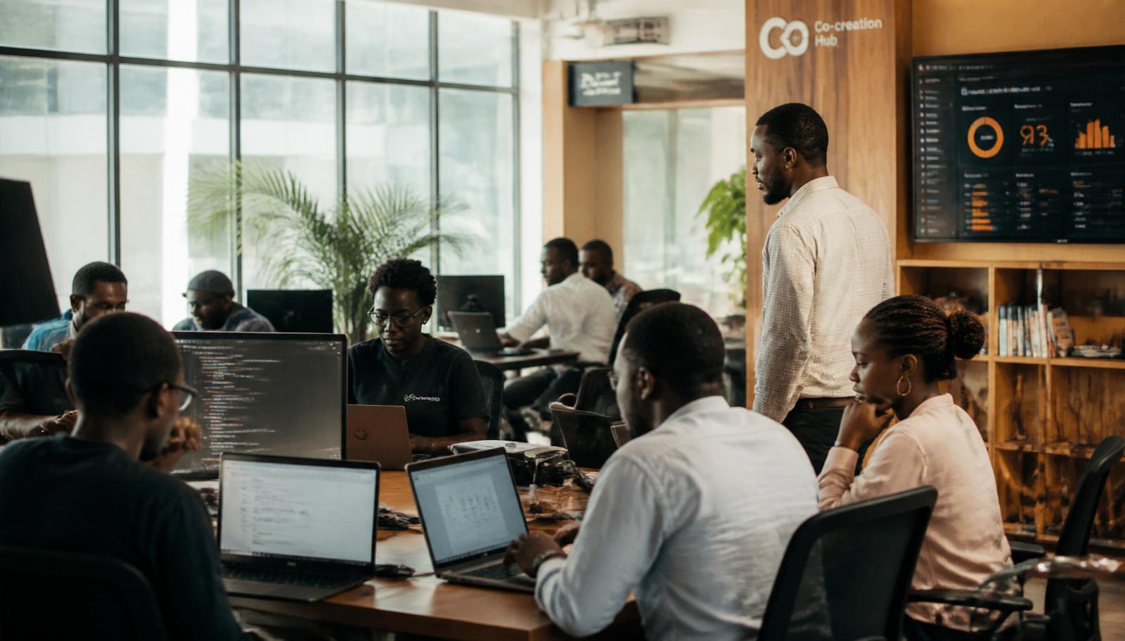 Entrepreneurs numériques travaillant dans un espace moderne avec ordinateurs et services en ligne