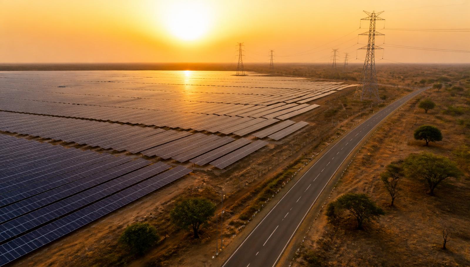 Infrastructures énergétiques et industrielles avec panneaux solaires, lignes électriques ou route moderne