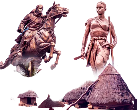Statues monumentales du Bénin : le cavalier Bio Guerra et l'Amazone du Dahomey.