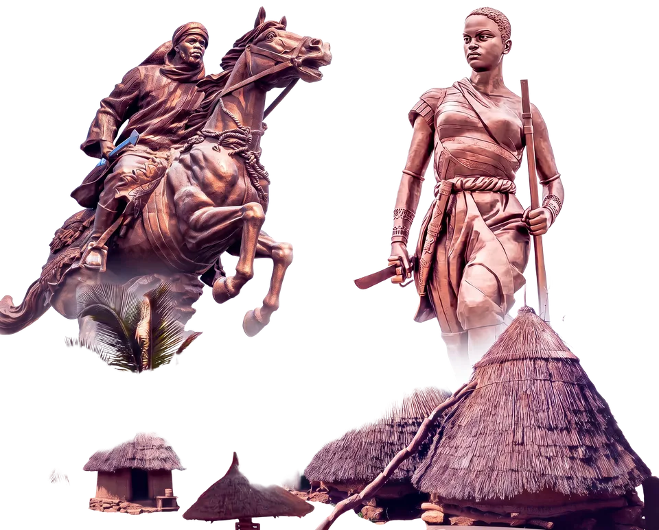 Statues monumentales du Bénin : le cavalier Bio Guerra et l'Amazone du Dahomey.
